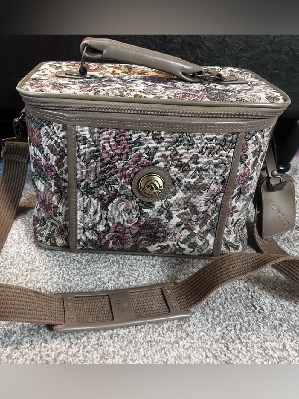 Vintage Jordache Floral Tapestry toiletry travel Bag in Taupe and Rose print